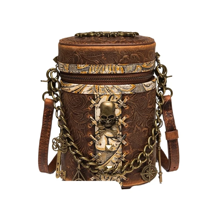 

Vintage Thunder Layer Cowhide Bucket Bag Western Leather Crossbody Bags For Women Sling Satchel Hand-Tooled Floral Carving Bag