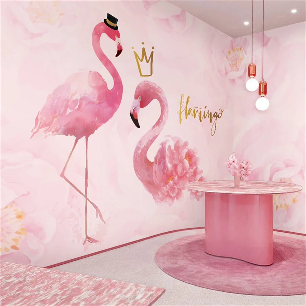 

custom Pink flamingo wallpaper nail shop mural cake shop clothing store wall cloth bedside background wall paper for living room