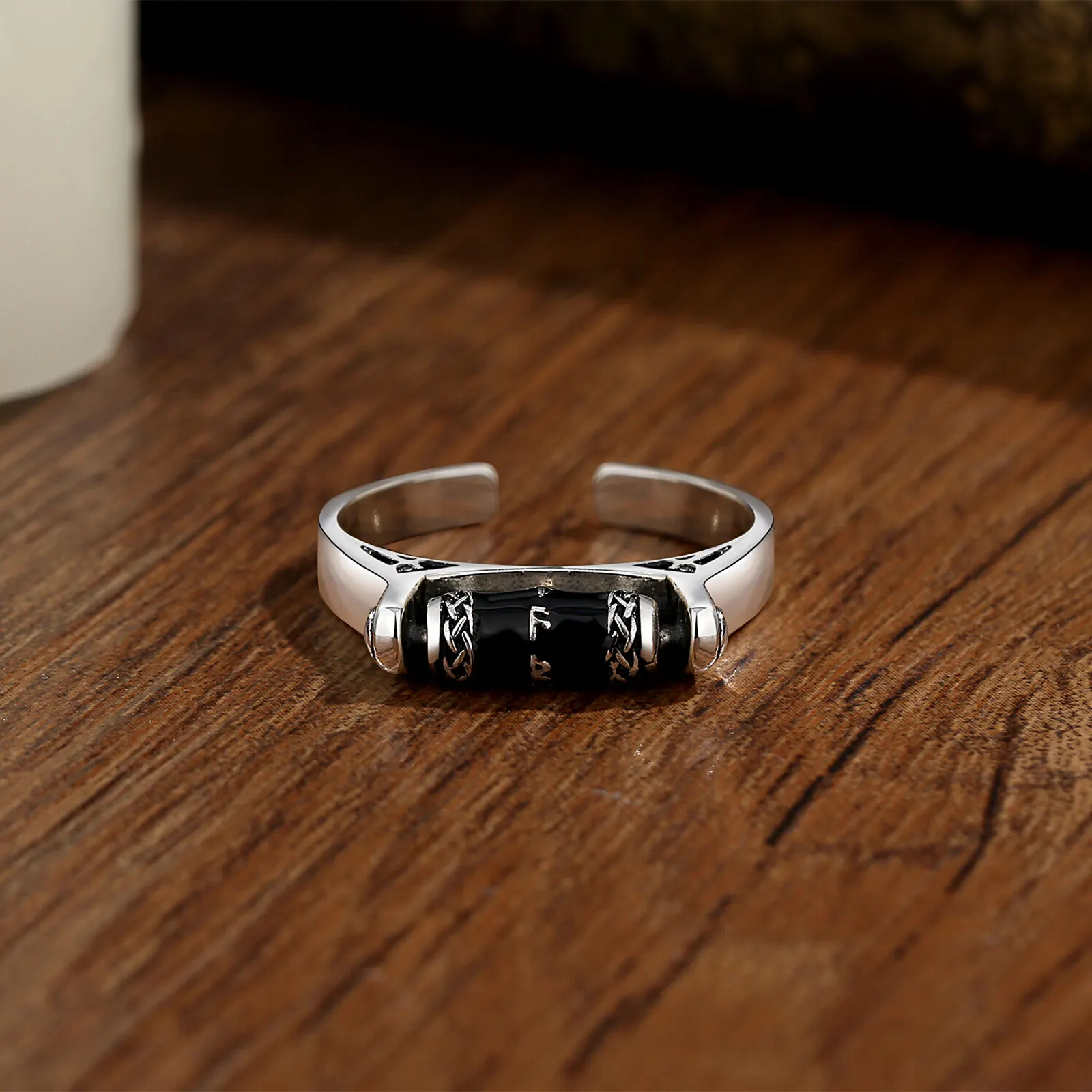 Eudora 925 Sterling Silver Viking Rune Anxiety Ring Obsidian Spinner Adjustable Ring Anti Stress Meditation Jewelry Gift for Men view 4