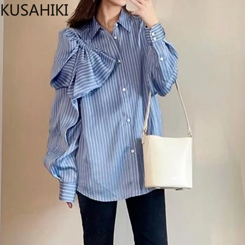 KUSAHIKI Elegant Bowknot Striped Women Blouses Korean Long Sleeve Turn-down Collar Top Shirt Autumn 2023 New Camisas Mujer 6X513