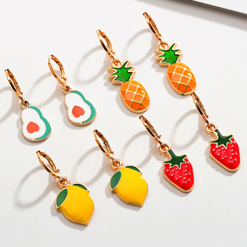 1PairsTrend Vintage Metallic Colorful Enamel Summer Fruit Pendant Hoop Earring Strawberry Avocado Pineapple Lemon Charm Earrings