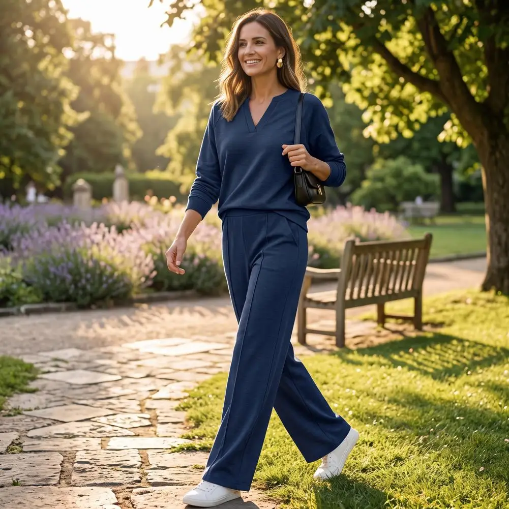 Autumn Winter Casual V-neck Long Sleeve Sweatshirt Wide Leg Pant Sets Women Solid Loose Pocket Trousers Sports 2-pieces Sets