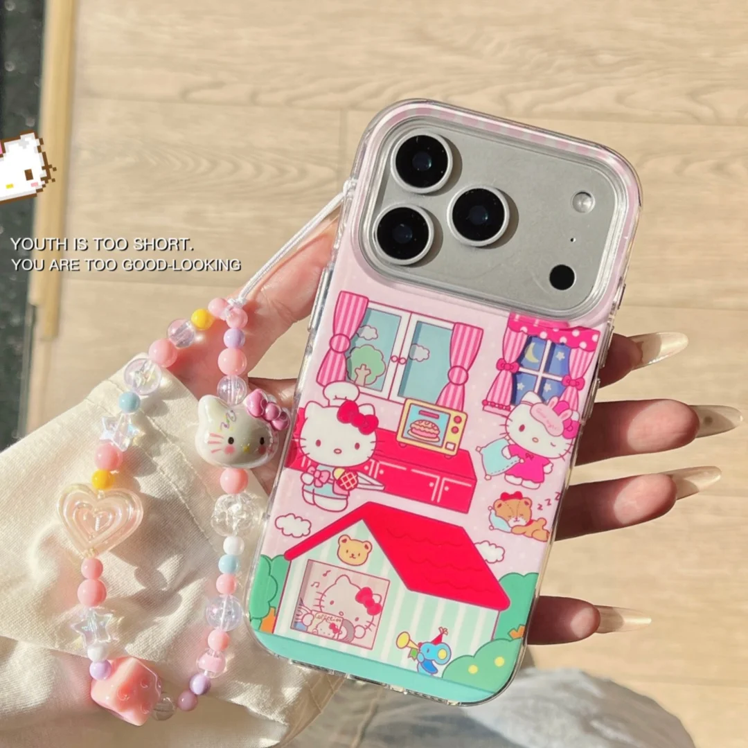 

Японский Корейский милый мультяшный розовый чехол для телефона «Hello Kitty» для iphone 17, 16, 15, 14, 13, 12, 11 Pro Max Plus, чехол с защитой от потери