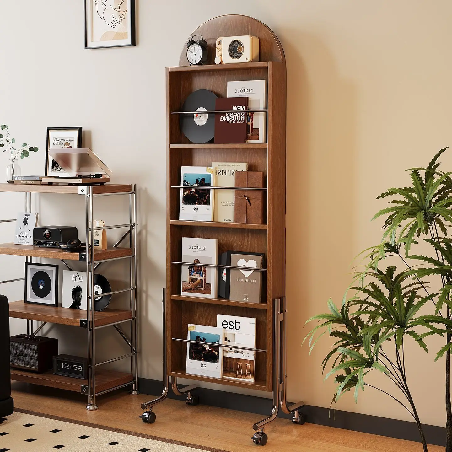 Floor-to-ceiling solid wood bookshelf full-length mirror household movable rotating magazine bookshelf storage integrated displa
