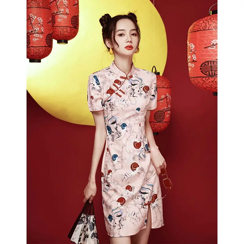 China National Style Qipao Fashion Red Spring Summer Short Print Vintage Slim Modern Women 2023 Women Cheongsam Chinese Dress