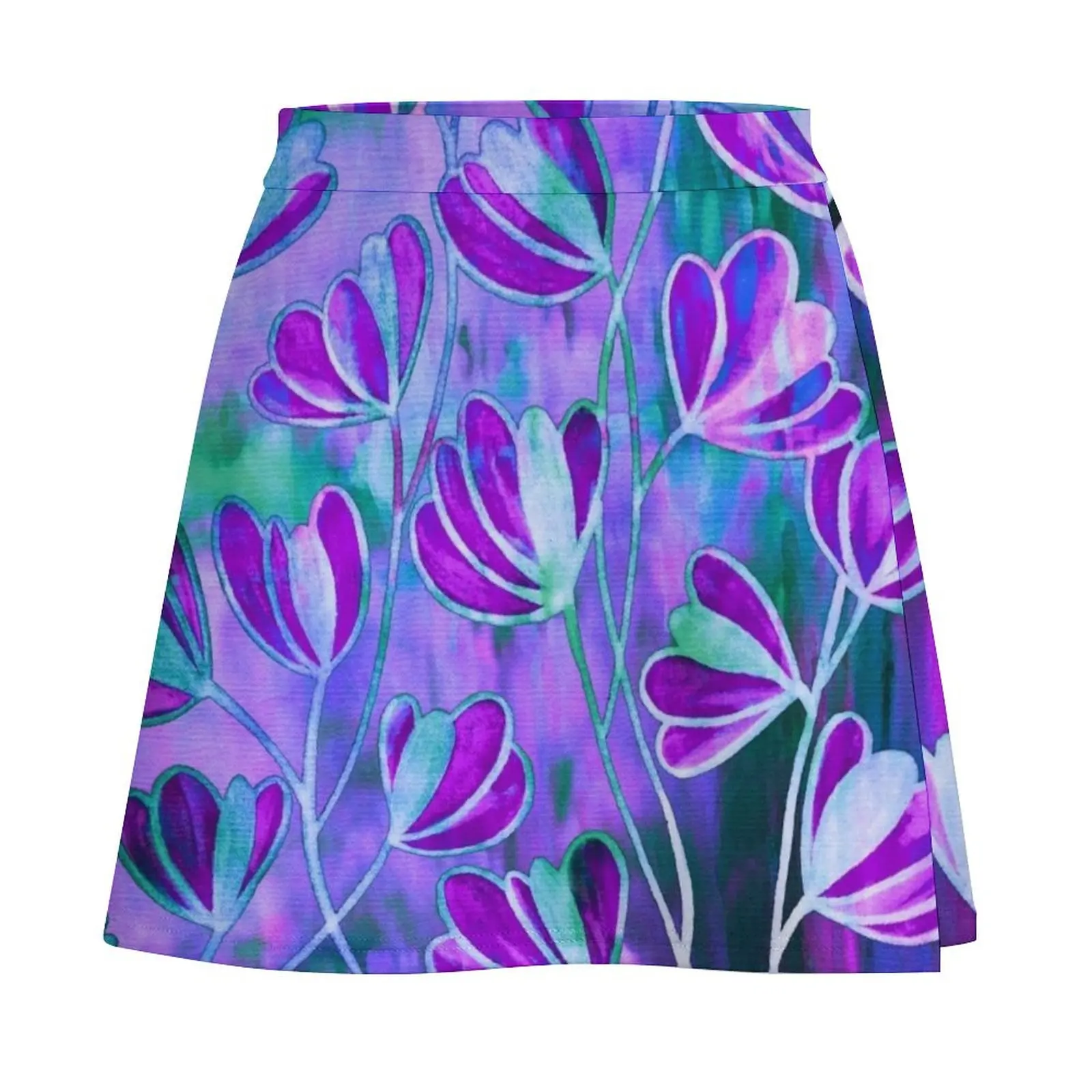 EFFLORESCENCE Lilac Lavender Purple Turquoise Blue Floral Garden Watercolor Painting Pattern Flowers Nature Fine Art  Mini Skirt