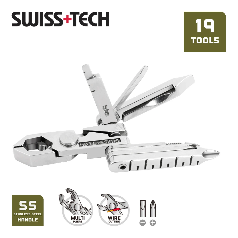 SWISS TECH 19 IN 1 Mini Folding Pliers Portable EDC Multifunctional Tool Pocket Screwdriver Bicycle Tool Kit Outdoor Hiking Gear