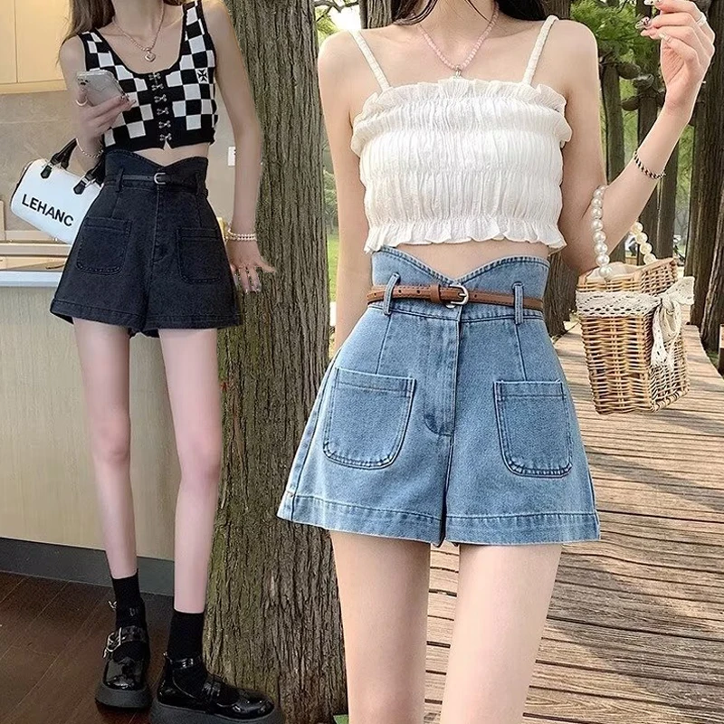 Women's Blue Denim Shorts Vintage Aesthetic Korean Hight Waist Jean Shorts Harajuku Y2k Cowboy Short Pants Clothes 2024 Summer