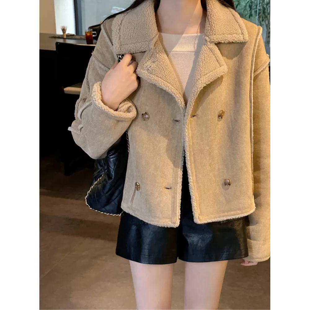 Korean Style Winter Long Sleeve Double Breasted Versatile Suit Collar Pure Color Suede Jacket Women's Fashion Premium Quality