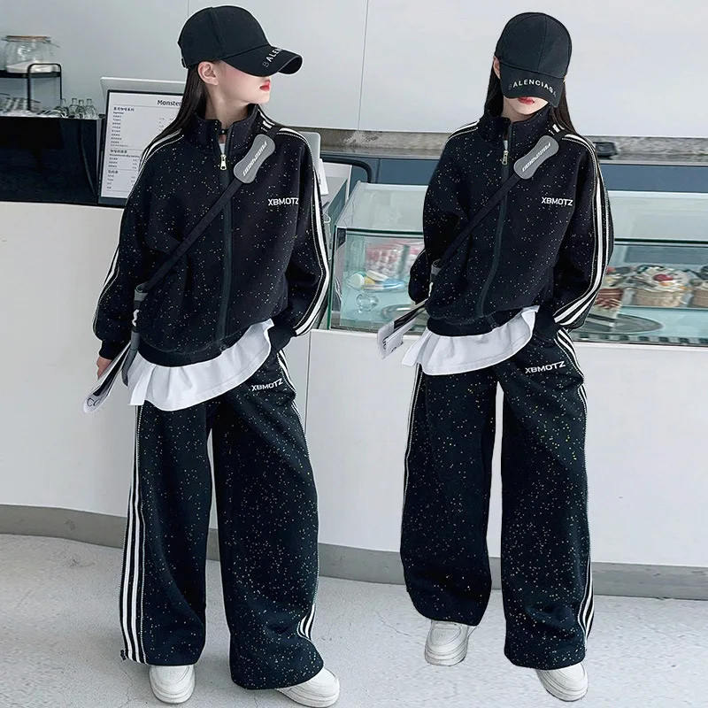 spring teen girls sports suit Shiny zipper jacket+casual wide leg pants 2pcs junior kids tracksuits set child clothes outfits 14