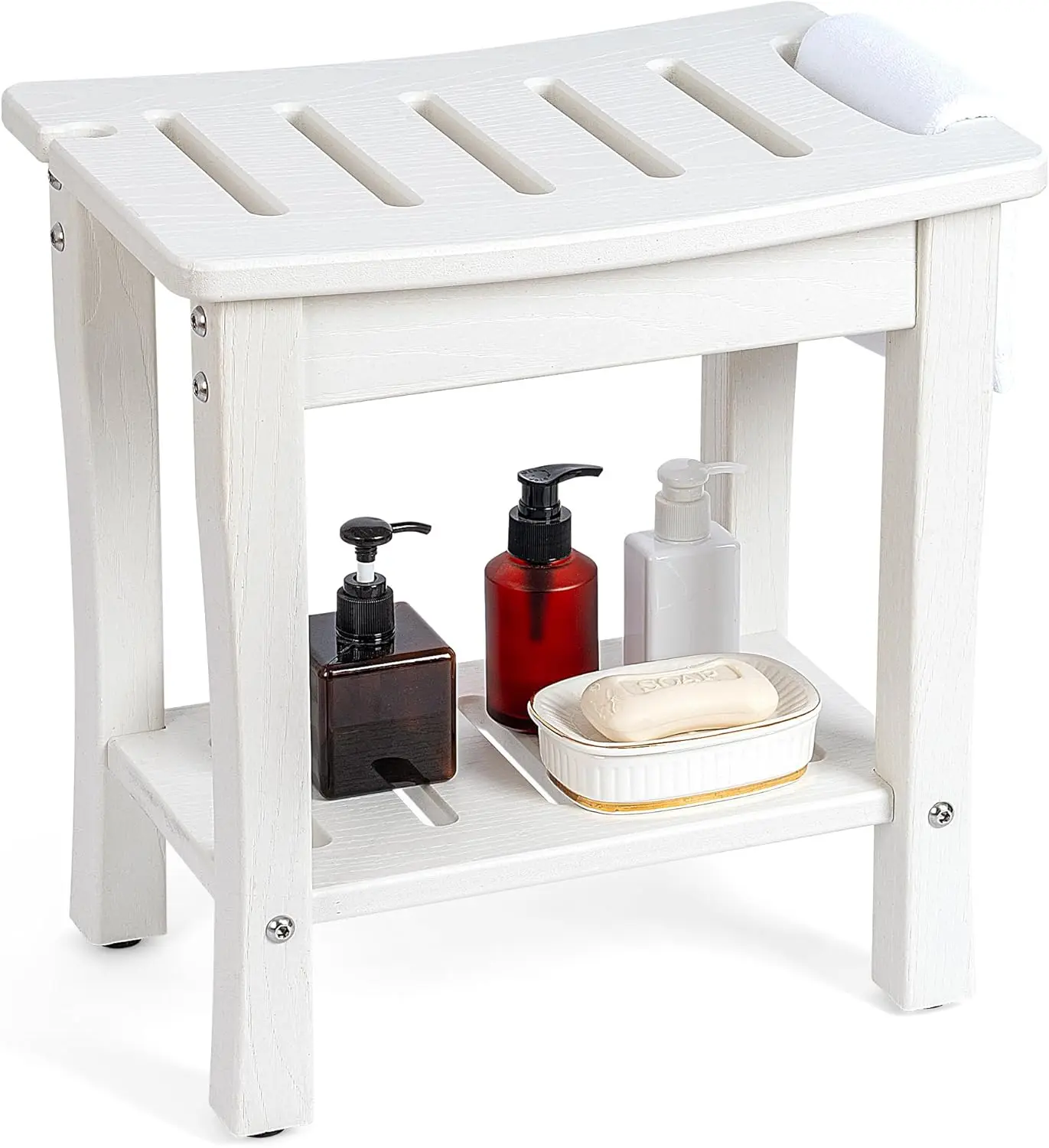 

Waterproof Shower Bench with Storage Shelf & Handles, Spa Stool for Bathroom Indoor Outdoor Use, White