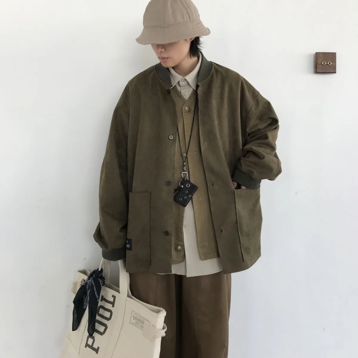 

Loose Fit Suede Jaet round Ne Workwear ex Autumn Outerwear Japanese Sle Windbreaker for Men And Women