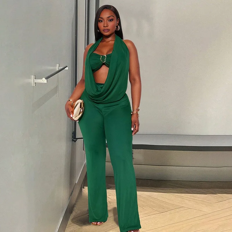 

Топ с металлической пряжкой + распашной воротник Холтер с открытой спиной на шнуровке Расклешенные комбинезоны Женский сексуальный комплект из 2 предметов Повседневные костюмы Клубная одежда