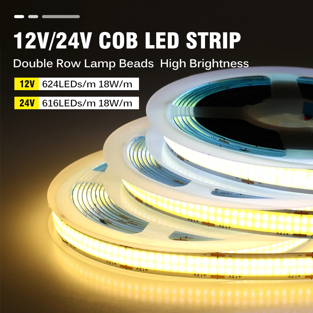 COB LED Strip DC 12V 24V 624LEDs 616LEDs Double Raw Flexible LED Light High Brightness 18W/M 3000K 4000K 6000K 5m/lot