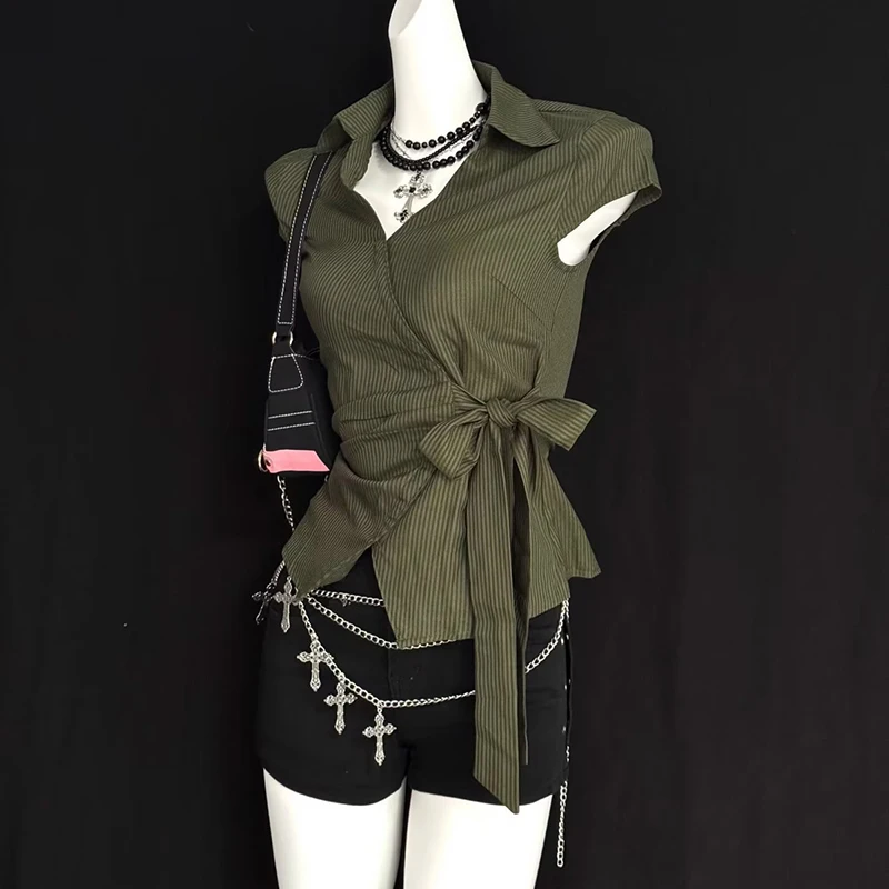 MEXZT Vintage Cropped Striped Shirts Women Y2K Harajuku Irregular Bandage Blouses Summer Japanese Short Sleeve Slim Design Tops