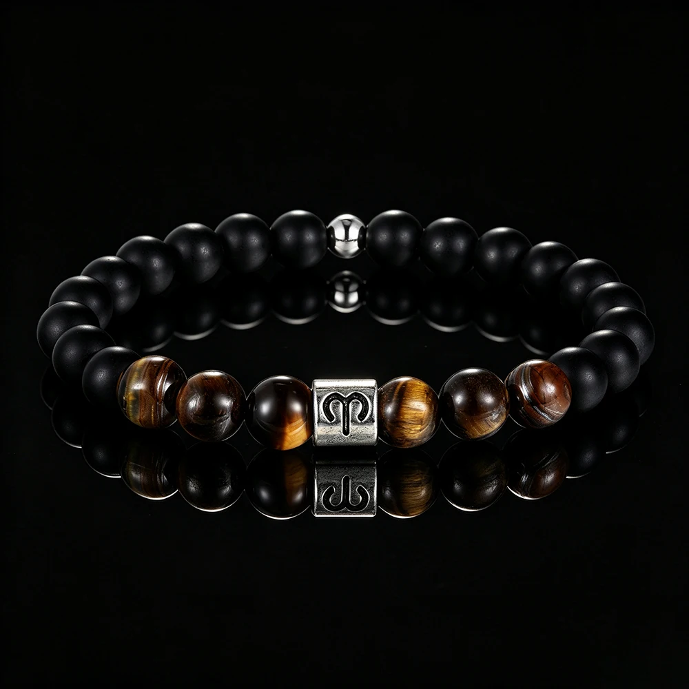 Handgefertigtes 12-Sternzeichen-Armband, elastisch, mit natürlichen Tigeraugensteinperlen, Sternzeichen-Anhänger, Unisex-Geburtstagsgeschenk für Männer und Frauen – Detail 10
