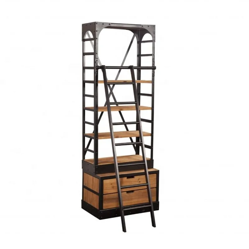 

Industrial Iron Library Wooden Display Shelf Bookcase with Storage Drawer Ladder