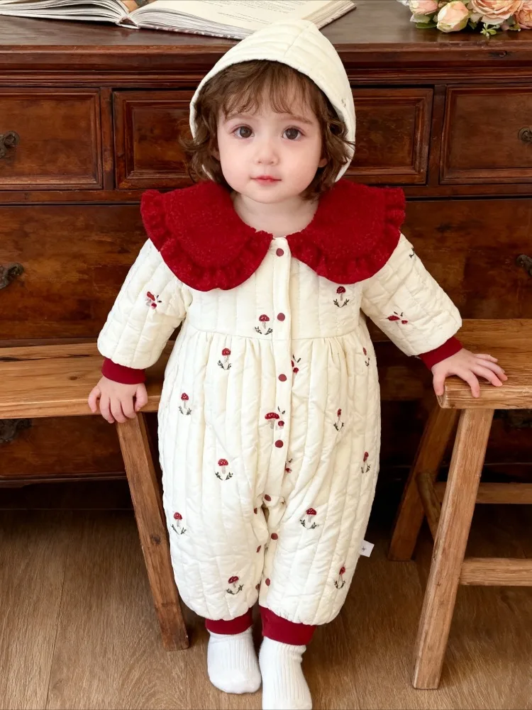 

Милый зимний комбинезон с откидным воротником для маленьких девочек, однобортный комбинезон с длинными рукавами и грибной вышивкой, флисовая детская плотная теплая ткань для ползания