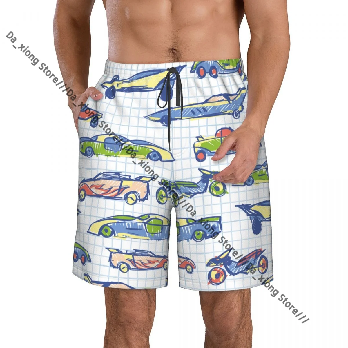 Men Beach Short Quick-drying Swimming Trunk Cute Car School Collection Cartoon Cars Swimwear Swimsuit Bathing Shorts
