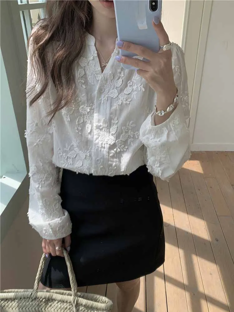 

Sweet Floral Embroidery Long Sve irt Women's Spring Faion 2024 Unique Beautiful Top Korean Sle Loose Fit Bubble Sve