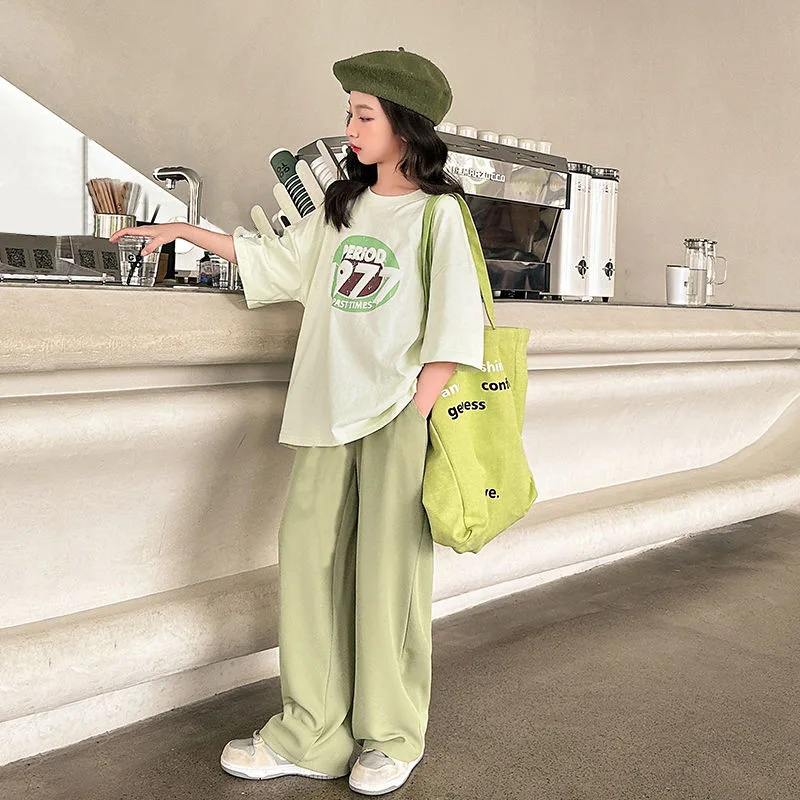 2026 autumn Girl Clothes Outfits New Korea Short Sleeve half sleeve T-shirt + wide leg Pants Trousers Teens 6 7 8 10 11 12 year