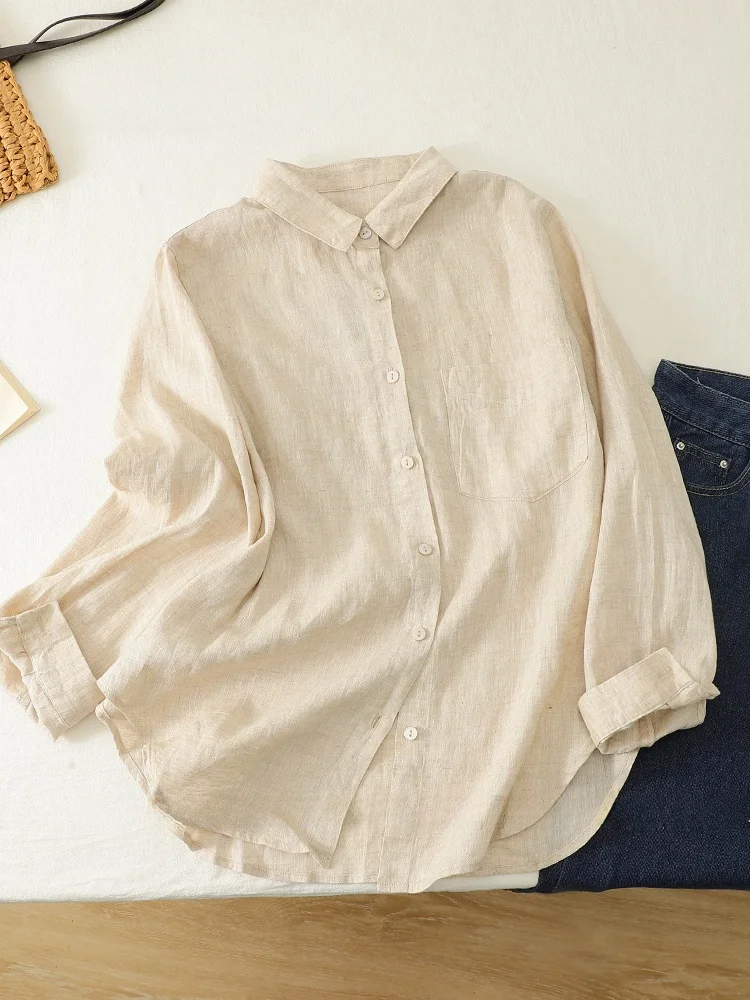 

Women's Linen Long Sve irt Casual Loose Fit Autumn 2024 Vintage Sle Button up Classic Collar Color Top