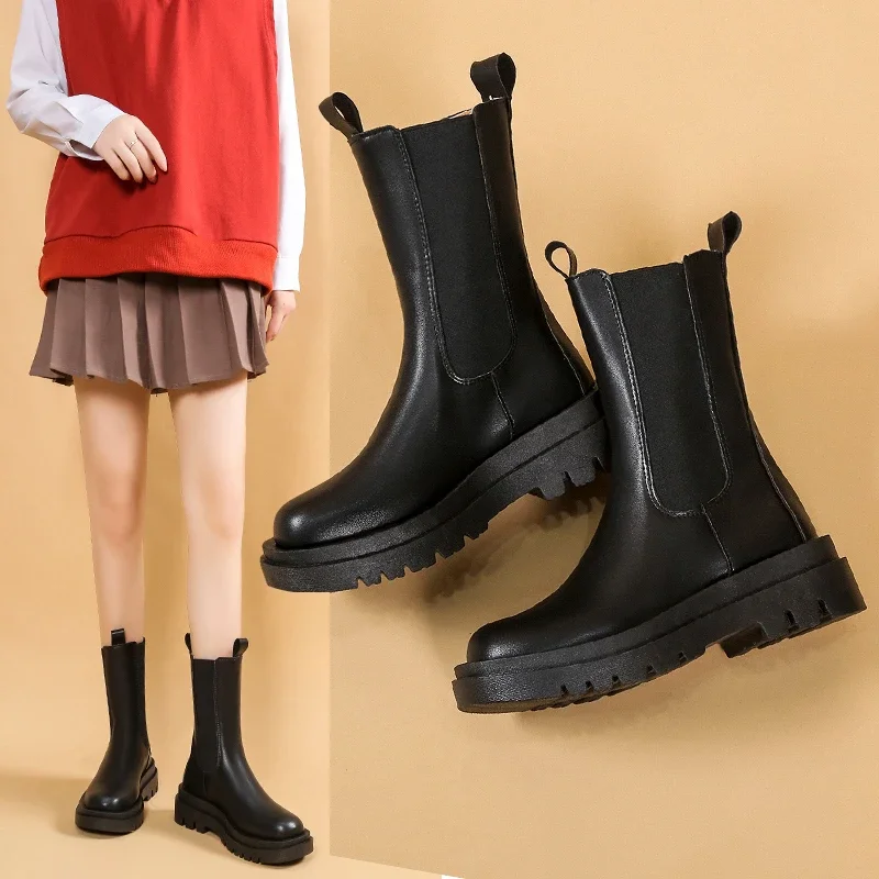 Women Chelsea Boots Spring New Black Mid Ankle Flat Platform Lady Shoes Female All Match Classic Concise Fashion Round Toe Shoes