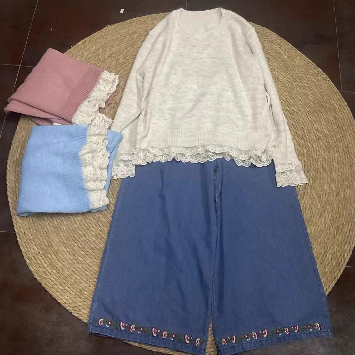 اليابانية الحلو موري فتاة الدانتيل المرقعة محبوك سترة البلوفرات النساء الخريف س الرقبة طويلة الأكمام ملابس تريكو فضفاضة غير رسمية #3