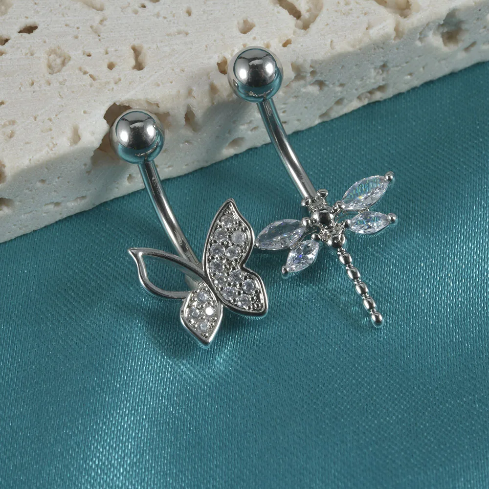 Dreamlee Surgical Steel Butterfly Navel Piercing Zircon Dragonfly Belly Button Rings Curved Barbell Piercing Body Jewelry