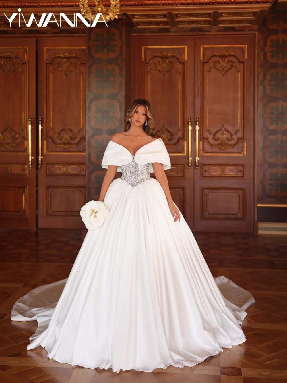 

Sparkling Silver Beaded Pearls Wedding Dress With Train Off Shoulder Satin Bridal Gown Customized Luxury Dresses For Bride