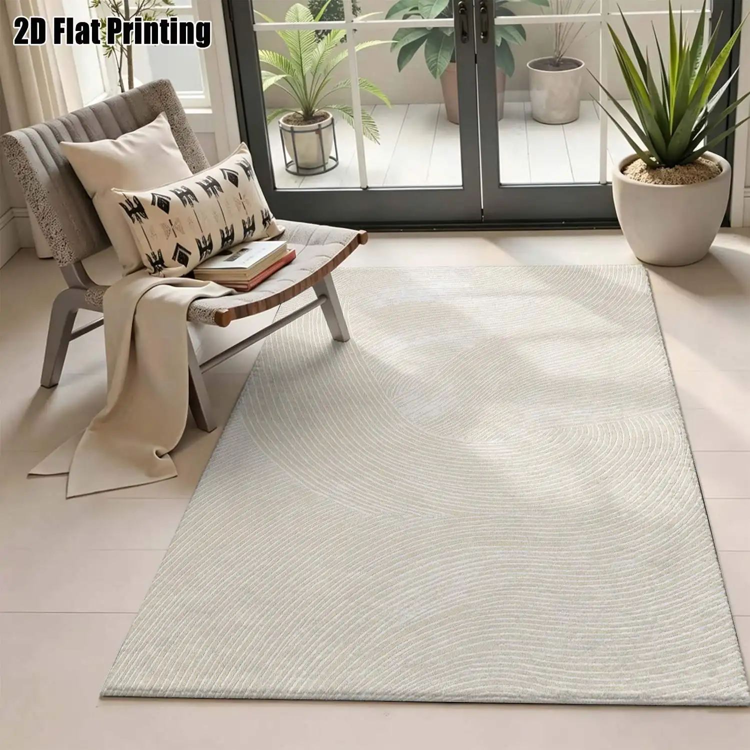 1Pc 2D Printed Beige Abstract Line Pattern Nordic Carpet, Instagram-Inspired Modern Minimalist Geometric Striped Art Floor Mat, Multi-Size, Machine Washable, Suitable for Entrance, Living Room, Bedroom, Dining Room, Foyer Home Decor