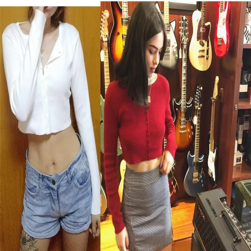 

Retro High Waist Single Button Knitted Cardigan Women's Spring Short Long Sleeve Outerwear Street Style Pure Color Button up