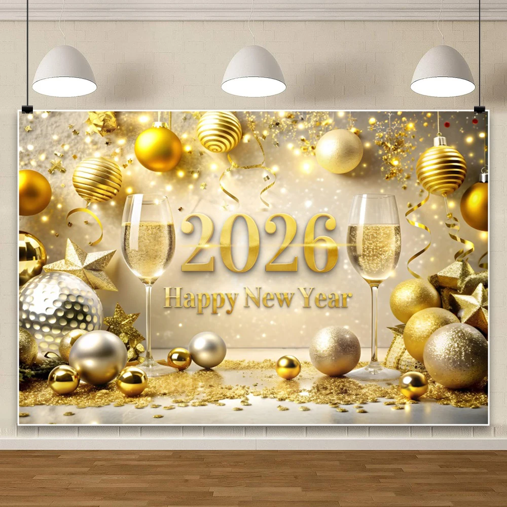 2026 New Year Party Celebration Shooting Backdrop Golden Balloons Champagne Glitter Lights Cheers Family Portrait Backgrounds