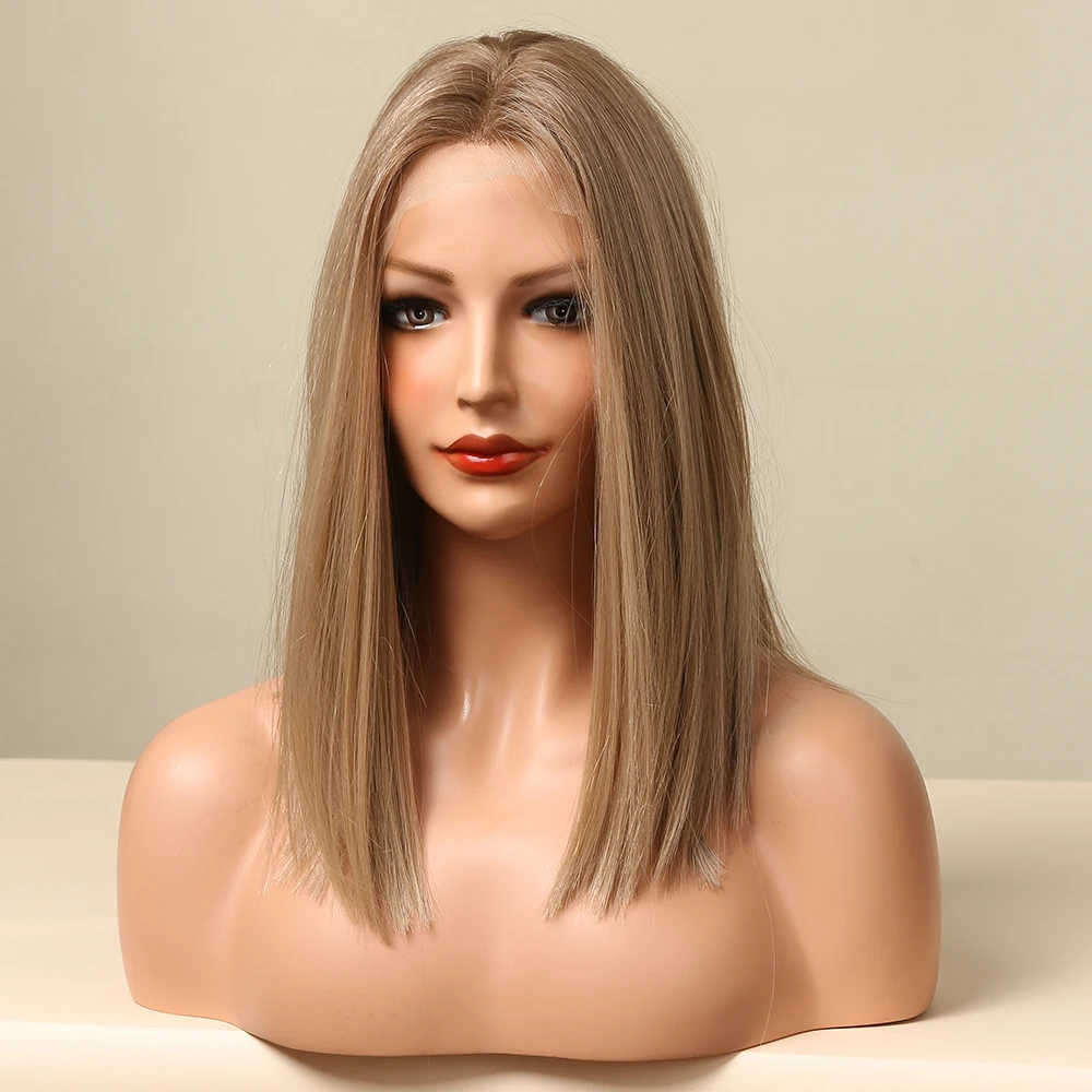 Brown Blonde Lace Front Wigs Short Straight Bob Synthetic Lace Frontal Wig with Baby Hair for Women Blunt Cut Natural Daily Hair