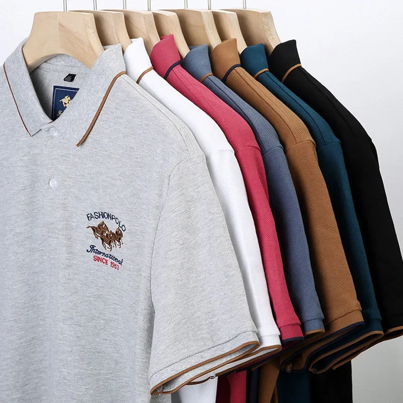 Summer Men\'s Thin Polo Shirts Letter Embroidery Solid Color Tops Fashion Business Casual Breathable Shorts Sleeve T-Shirts Male