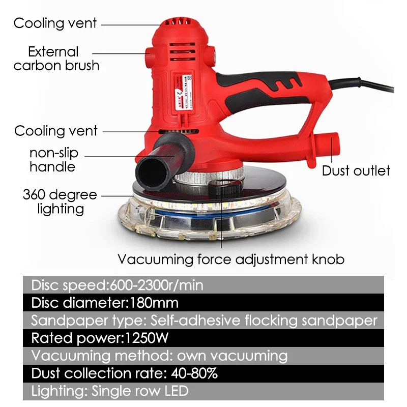 1250W 220V Drywall Sander Electric Wall Putty Polisher with LED Light Putty Dustless Self-vacuum Grinding Polishing Machine