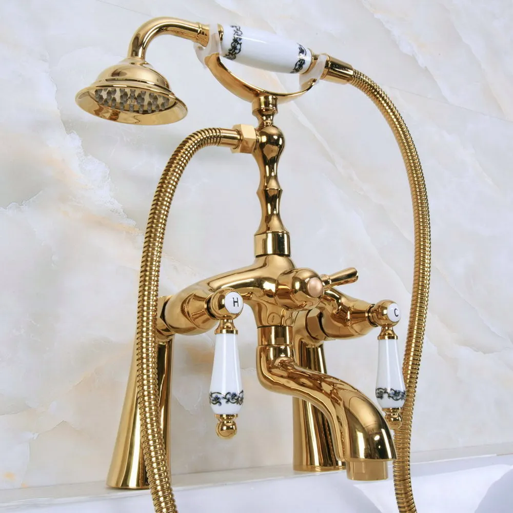 

Luxury Golden Brass Double Handle Deck Mounted Bathroom Bath Tub Faucet Set with 1500mm Hand Held Shower Spray Mixer Tap 2na135