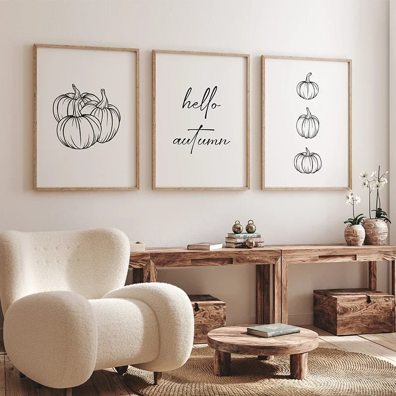 Juego de 3 carteles minimalistas de calabaza en blanco y negro, impresiones en lienzo, pintura de pared, imágenes artísticas de Hello Fall para decoración del hogar y habitación