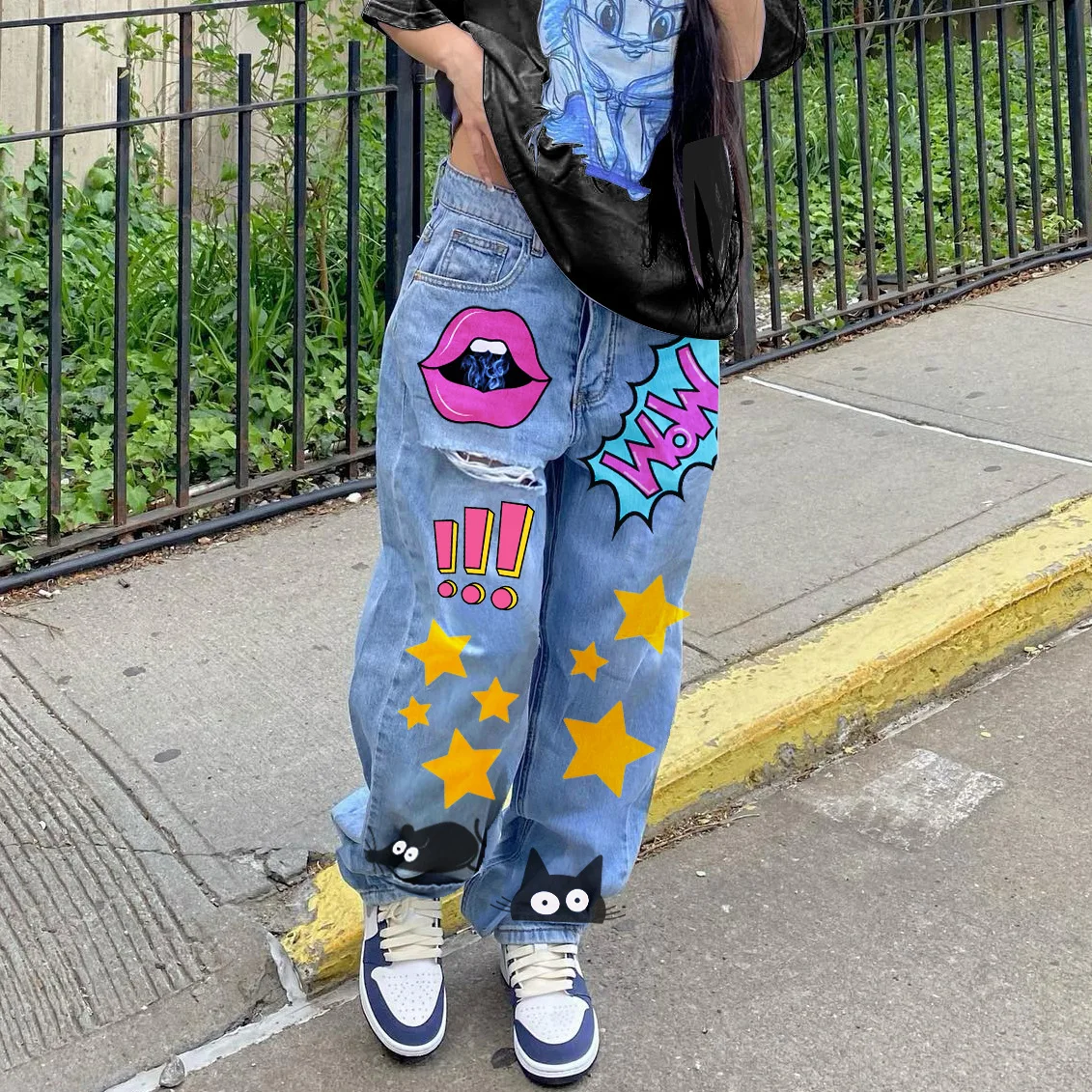 Women Baddie Clothes Streetwear Fashion Print Denim Cut Out Distressed Jeans High Waist Baggy Pants Blue Y2K Harajuku Trousers