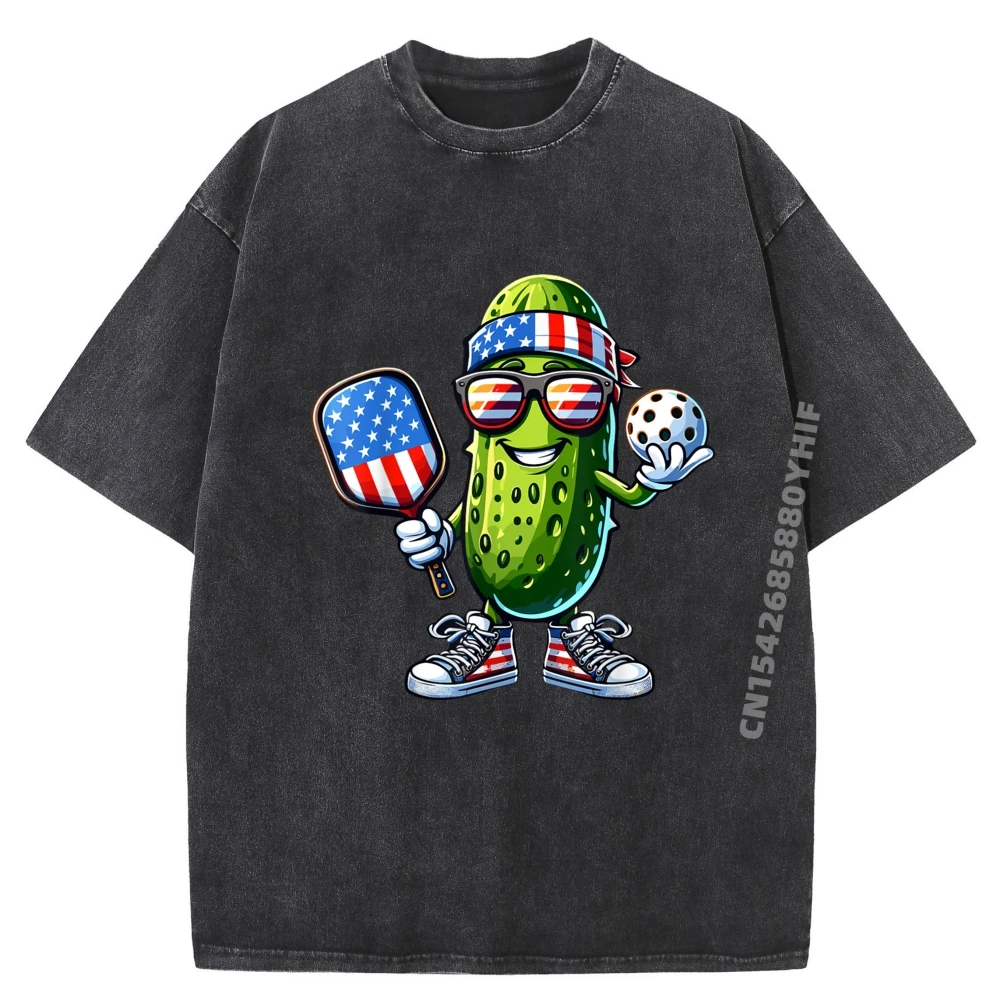 

Funny Patriotic Pickle Playing pickleball Paddle 4th of July Black Shirt Graphic Tees Mens Washed Camiseta Masculina Tshirt Men