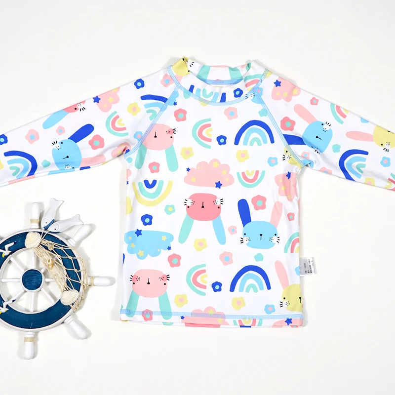 Three-piece Long Sleeved Rabbit Printing Swimwear 2023 Girl Children's Swimwear Japanese Hat Children's Beach Suit HatShorts