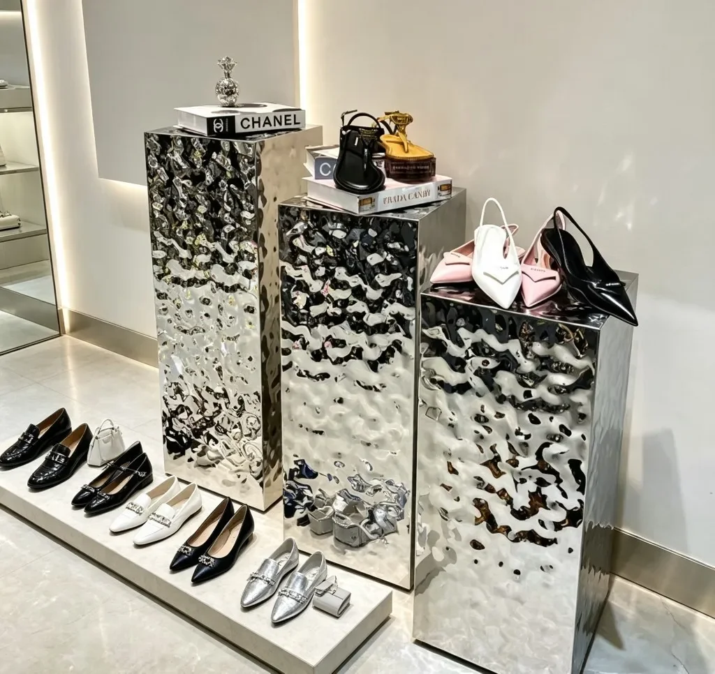 Clothing store stainless steel display , flowing water table, high and low display, decorative shoes