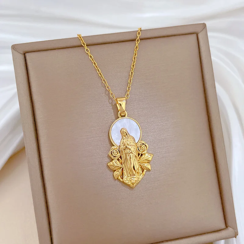 قلادة مريم العذراء المطلية بالذهب للرجال والأولاد، قلادة على شكل صدفة كاثوليكية مع سلسلة شفاه من الفولاذ المقاوم للصدأ، هدية مجوهرات صلاة الإيمان