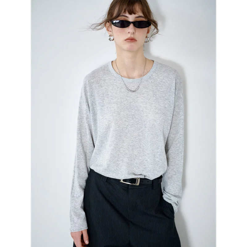 QICHE 2026 French UPW Custom Spun Linen Cotton Knit Top Women Thin Long Sleeve Breathable Relaxed Fit Early Fall Tee