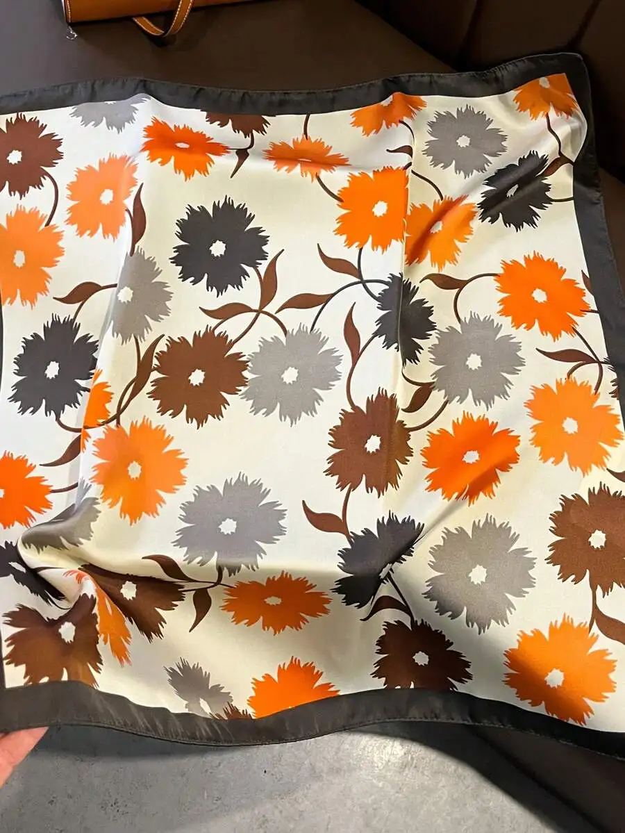 1pc Spring/Summer New Orange Floral Scarf, 70cm Square Scarf Bandana, Casual Beach Holiday Accessory,Travel Essential,Holiday