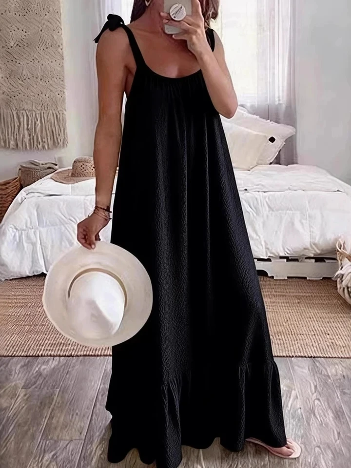 

Elegant Lady High Waist Beach Vacation Dress Casual O-neck Halter Loose Maxi Dress Summer Sleeveless Simple Pleated Party Dress