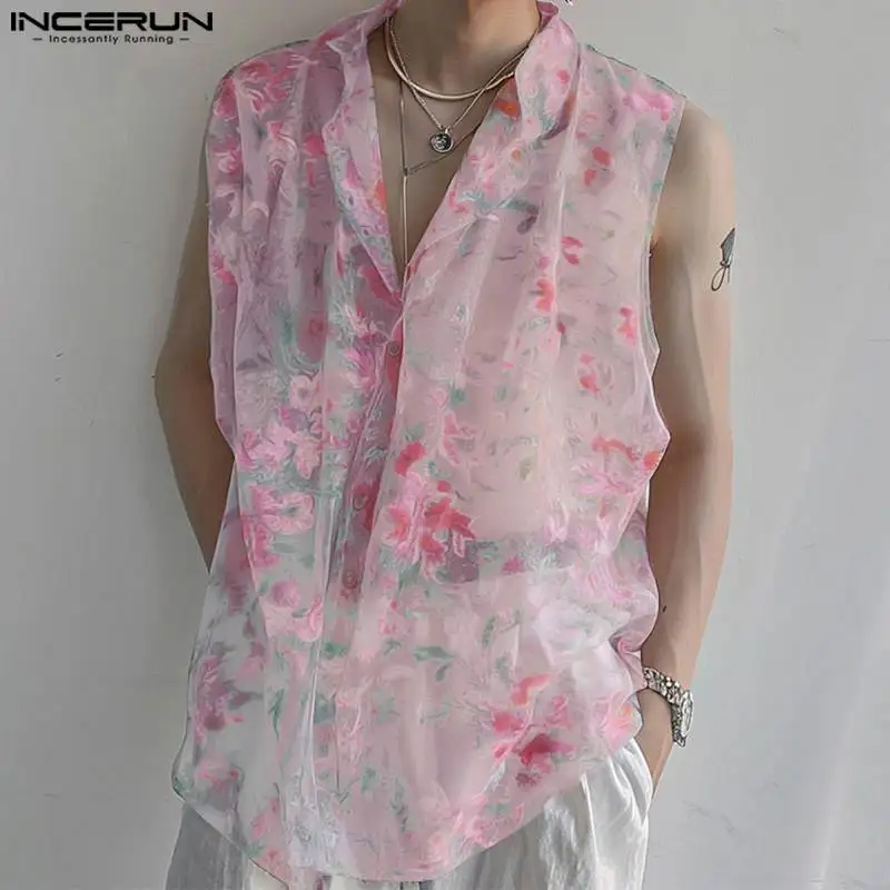 

INCERUN Men's Shirt Printing Transparent Lapel Sleeveless Casual Men Clothing Streetwear Summer Sexy 2024 Fashion Shirts S-5XL