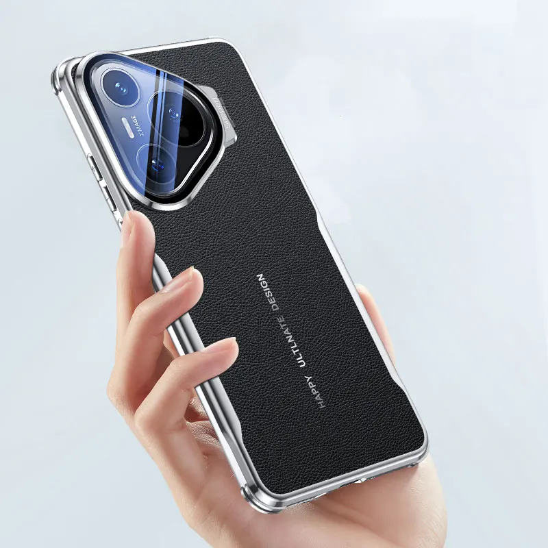 Etui z powłoką galwaniczną, metalowym uchwytem na obiektyw, skórzanym wykończeniem, odporne na wstrząsy, z narożnymi bumperami ochronnymi do Huawei Pura 70 Pro Plus i Pura 80 Ultra — zdjęcie produktu 2