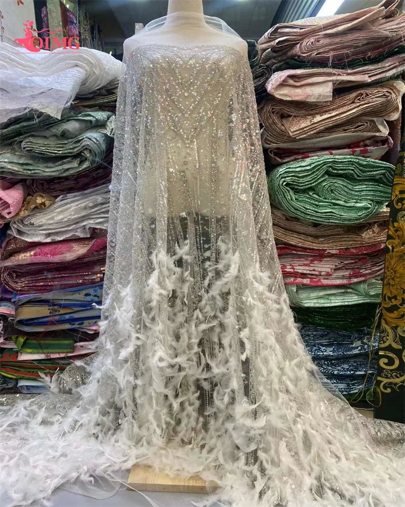 Latest Luxury Elegant African 3D Feather Lace Fabric Embroidery With Groom Nigerian Tulle Big Stones For Wedding Party Dress