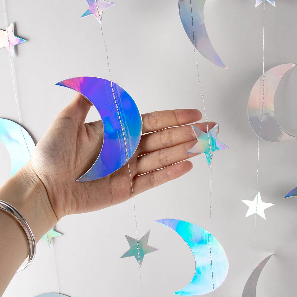 4M Laser Silver Star Garland Banner Iridescent Circle Dot Moon Hanging Ornaments Birthday Wedding Party Home Hanging Decorations — zdjęcie 3
